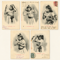 Complete set of five original Albert Bergeret Les Cinq Sens antique French postcards showing a young girl illustrating sight, hearing, smell, taste and touch, circa 1903.