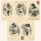Complete set of five original Albert Bergeret Les Cinq Sens antique French postcards showing a young girl illustrating sight, hearing, smell, taste and touch, circa 1903.