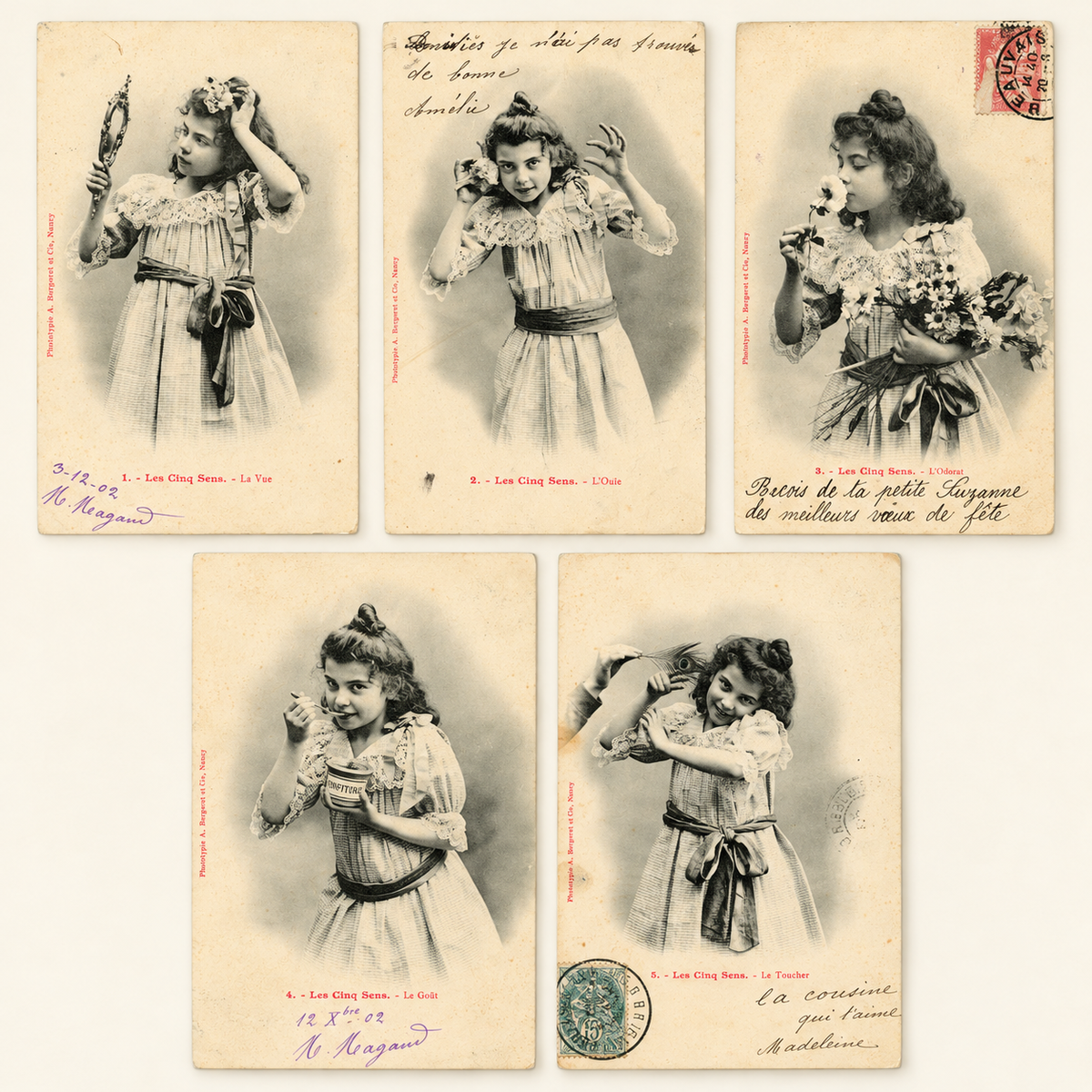 Complete set of five original Albert Bergeret Les Cinq Sens antique French postcards showing a young girl illustrating sight, hearing, smell, taste and touch, circa 1903.