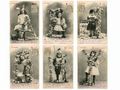 Complete set of six antique French Bergeret postcards, Les Voyelles A E I O U Y, featuring Belle Époque children and floral alphabet designs, circa 1905.
