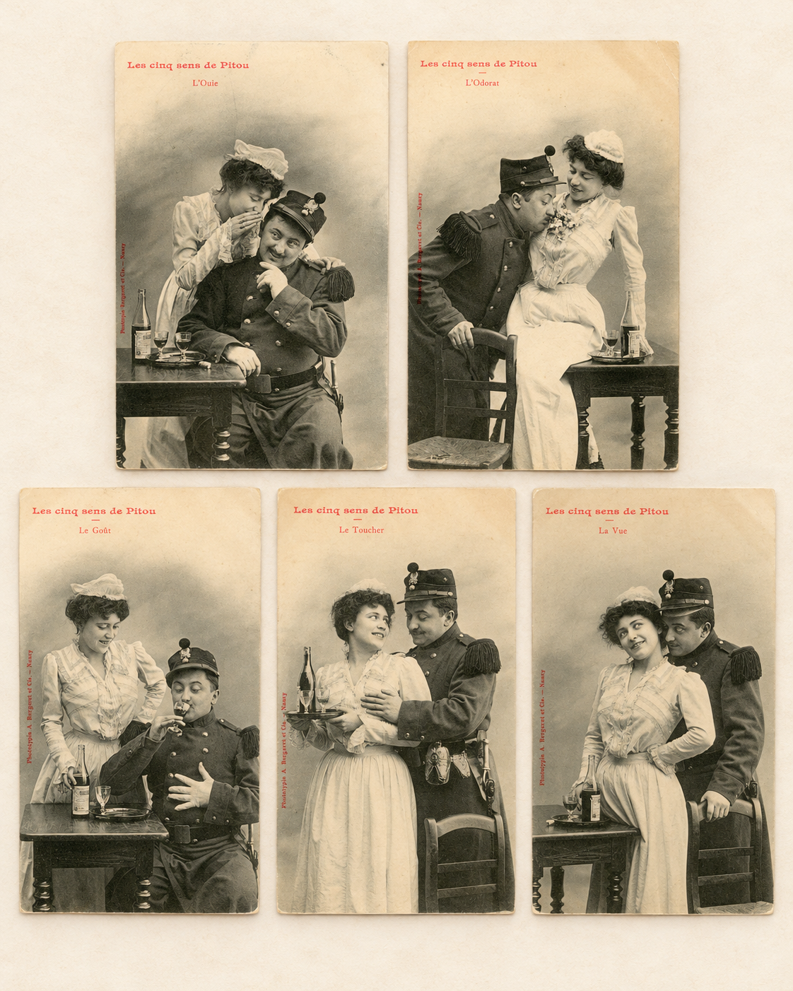 Complete set of five antique French Bergeret postcards, Les cinq sens de Pitou, featuring humorous Belle Époque romantic scenes, circa 1900.