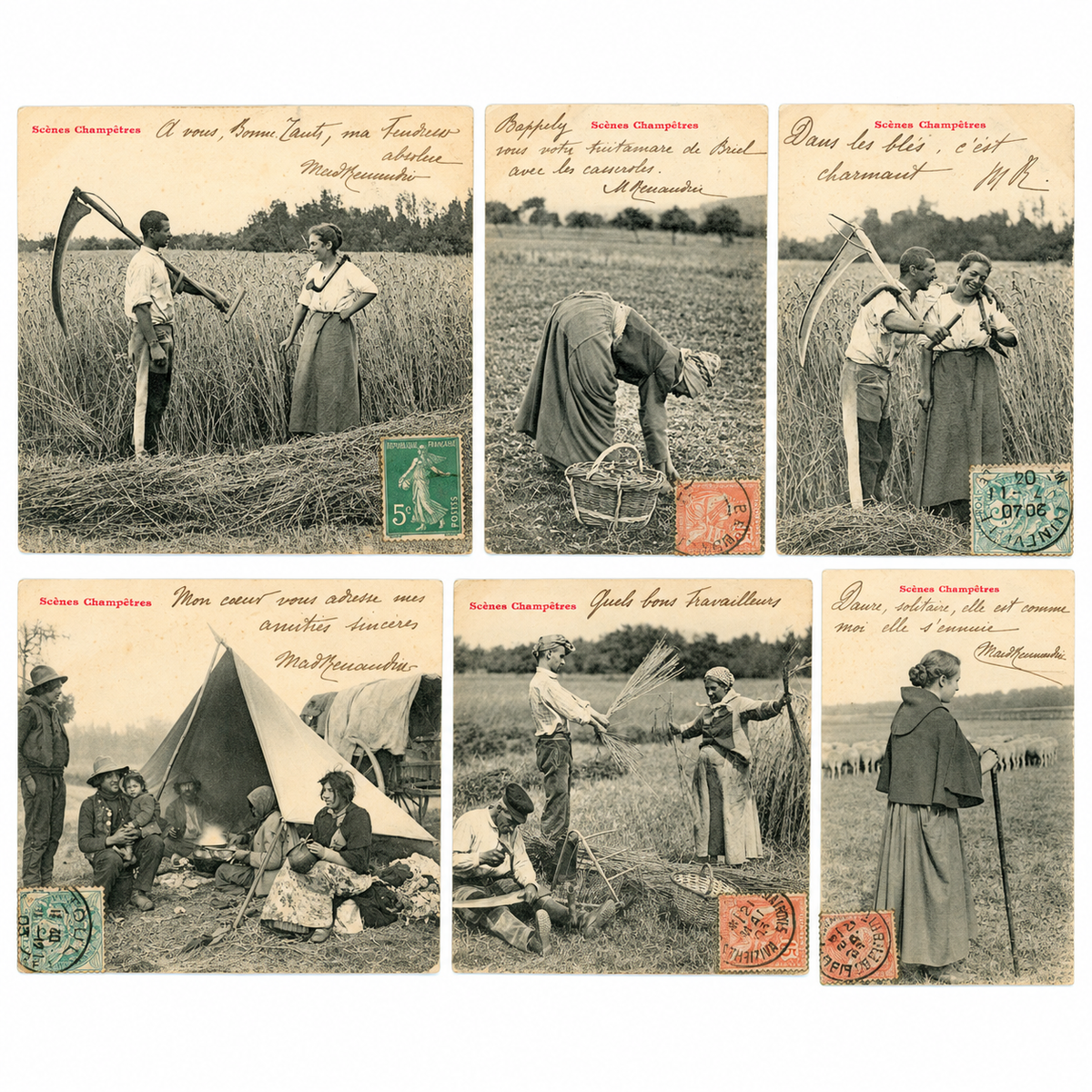 Collection of 6 original antique French Scènes Champêtres postcards by Albert Bergeret, featuring rural life, harvest scenes and countryside photography from the Belle Époque.