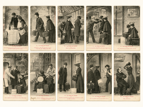 Complete set of 10 antique French Bergeret postcards, Le Train de Plaisir, humorous Belle Époque railway travel series circa 1903.