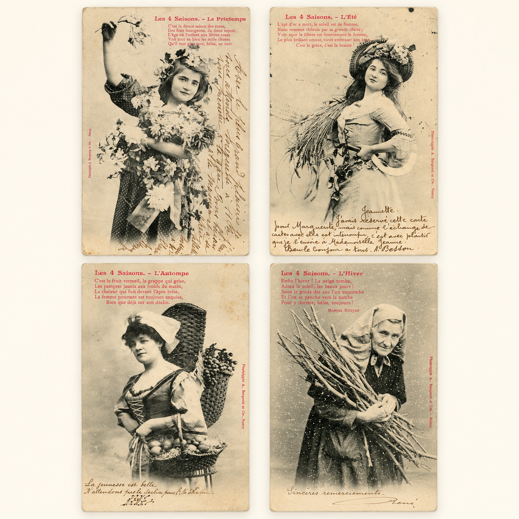 Complete set of four original Albert Bergeret Les 4 Saisons antique French postcards depicting Spring, Summer, Autumn and Winter, Belle Époque circa 1903.