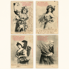 Complete set of four original Albert Bergeret Les 4 Saisons antique French postcards depicting Spring, Summer, Autumn and Winter, Belle Époque circa 1903.