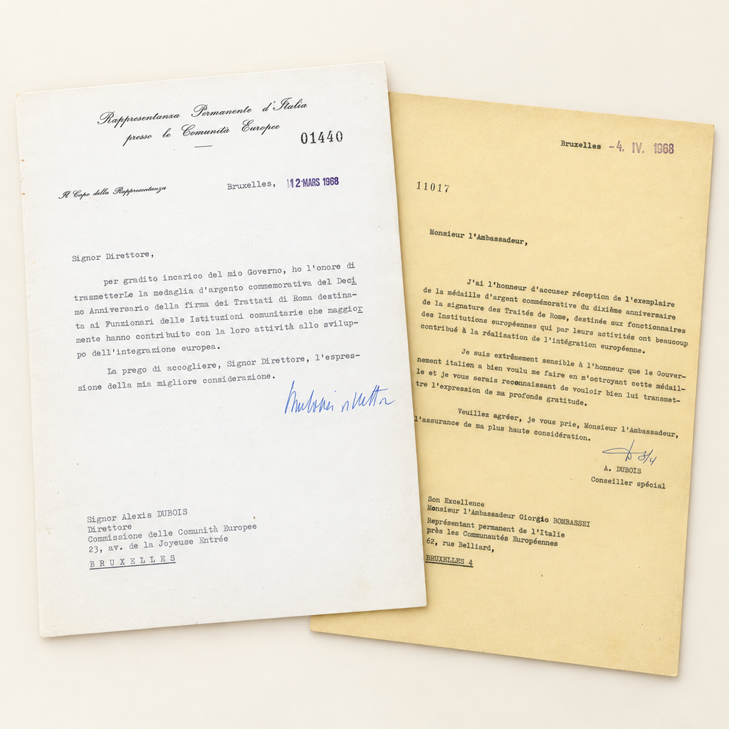 1968 Alexis Dubois archive with Italian Treaty of Rome silver medal letter and signed reply