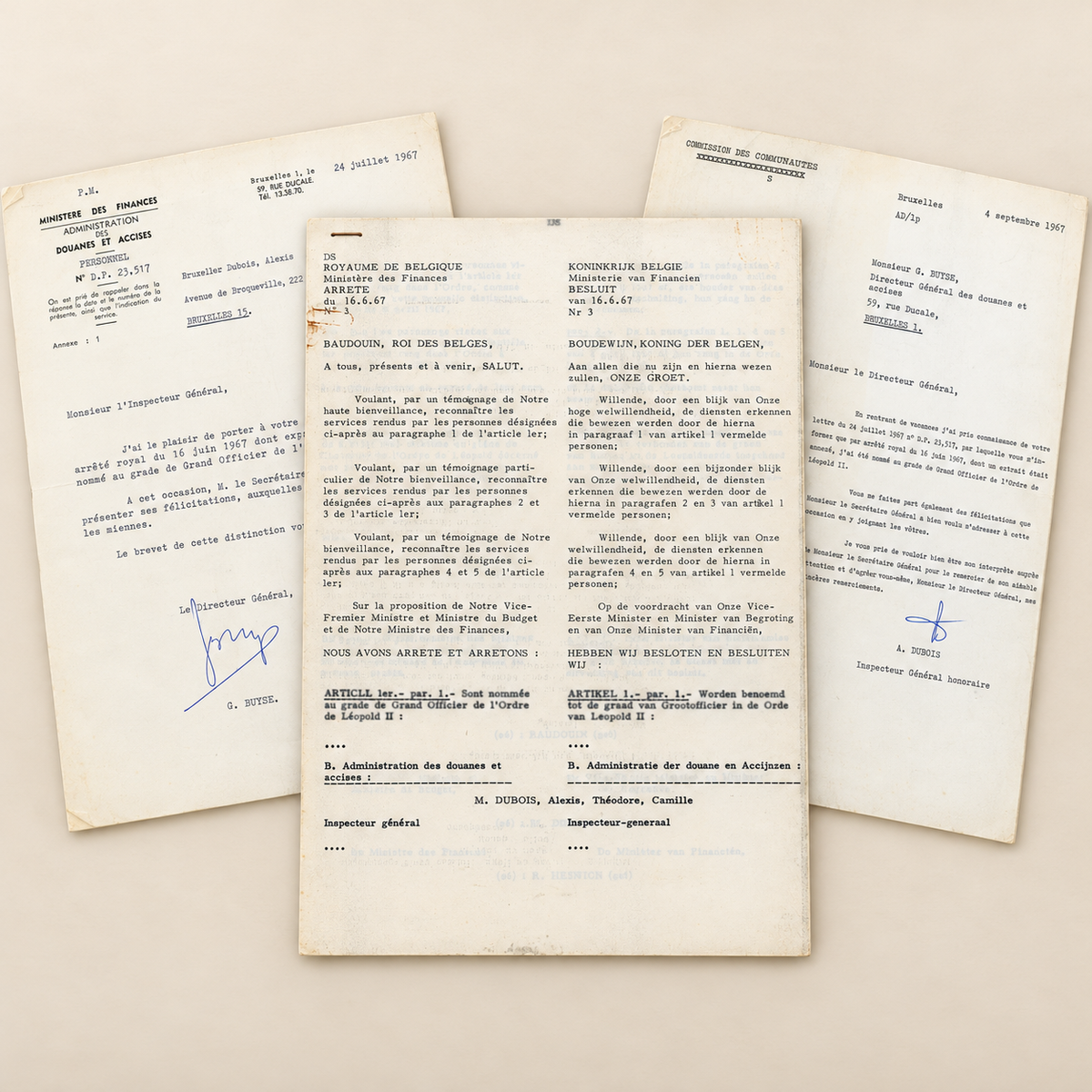 1967 Alexis Dubois archive with royal decree and letters for Grand Officer of the Order of Leopold II, Belgium