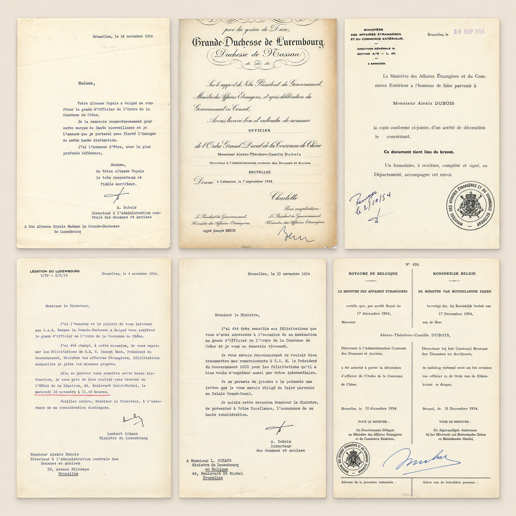 Alexis Dubois Luxembourg archive, six official documents relating to the Order of the Oak Crown, Belgium and Luxembourg, 1954