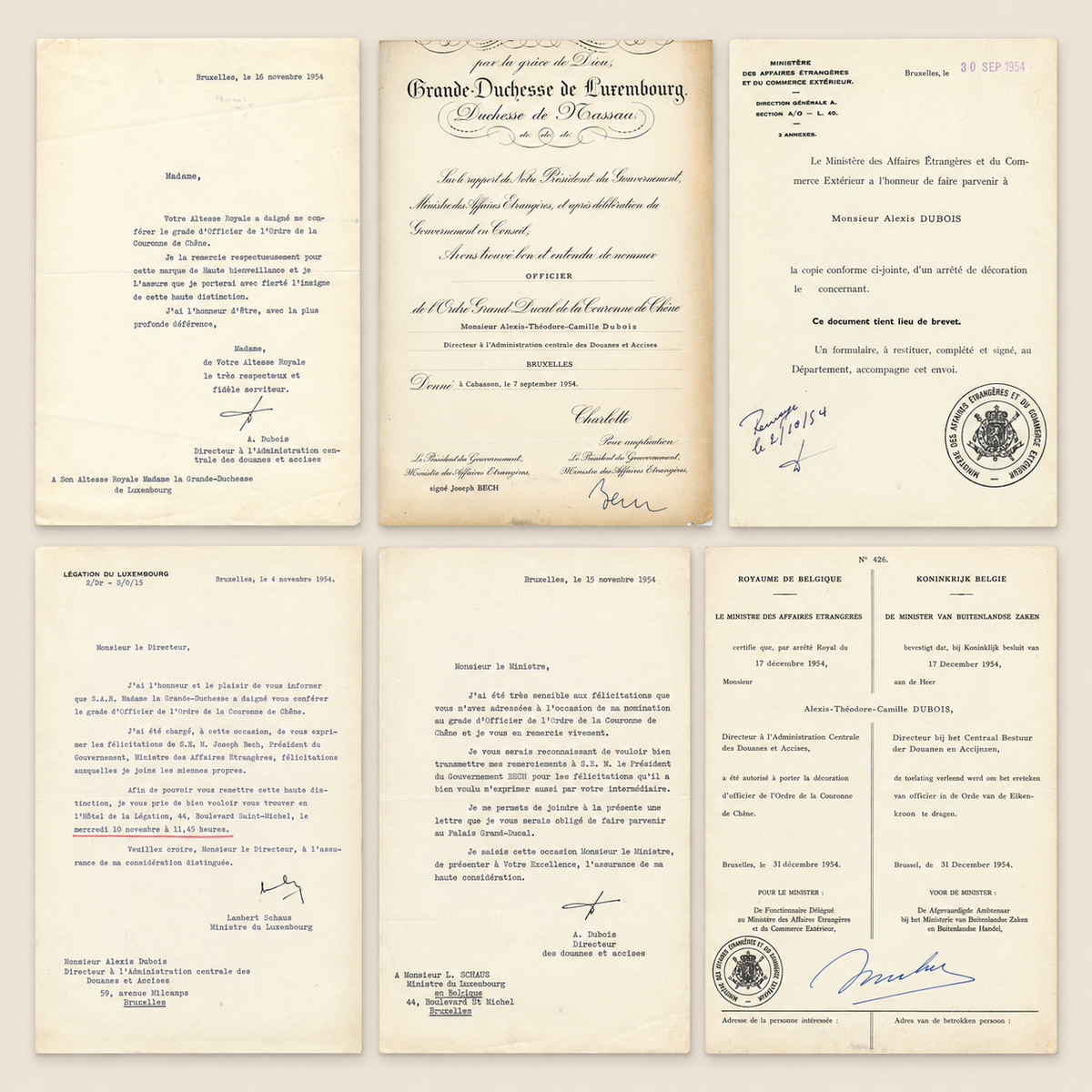 Alexis Dubois Luxembourg archive, six official documents relating to the Order of the Oak Crown, Belgium and Luxembourg, 1954