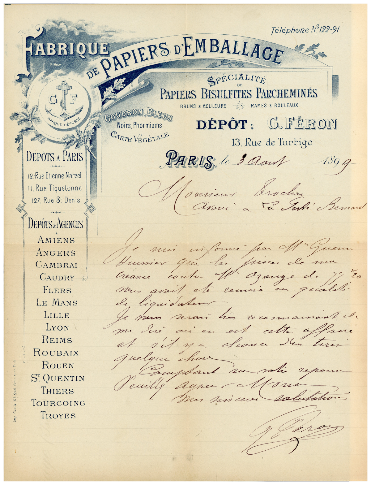 Antique French handwritten business letter with blue illustrated letterhead, Paris 1899