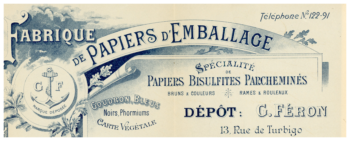 Blue illustrated letterhead from an antique French business letter dated 1899