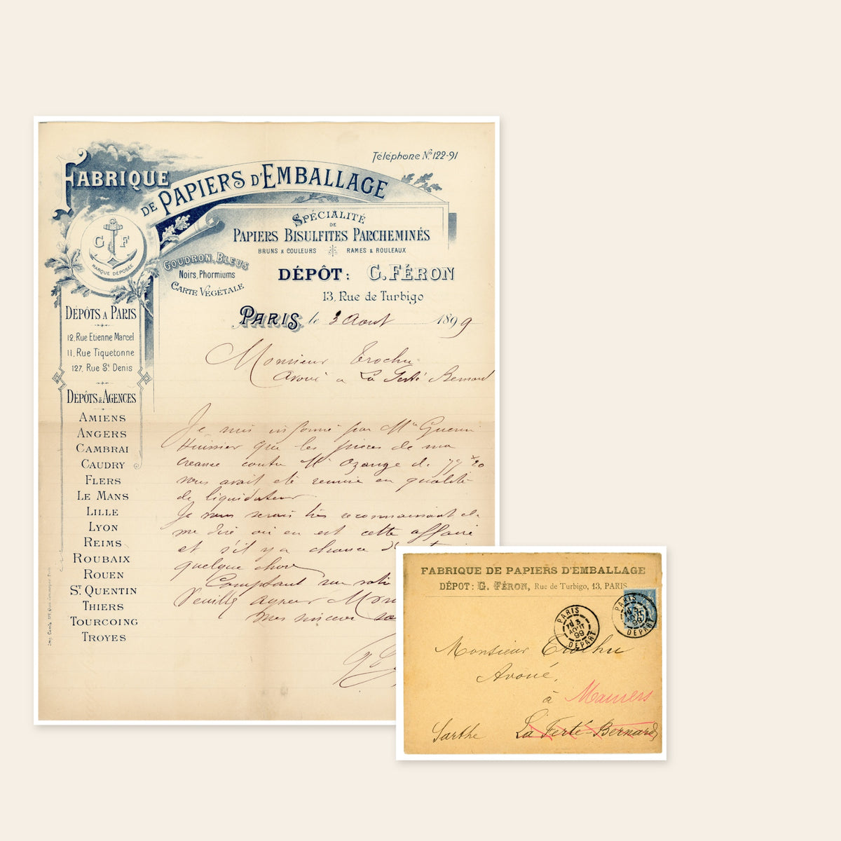 Antique French handwritten letter with original envelope, Paris 1899