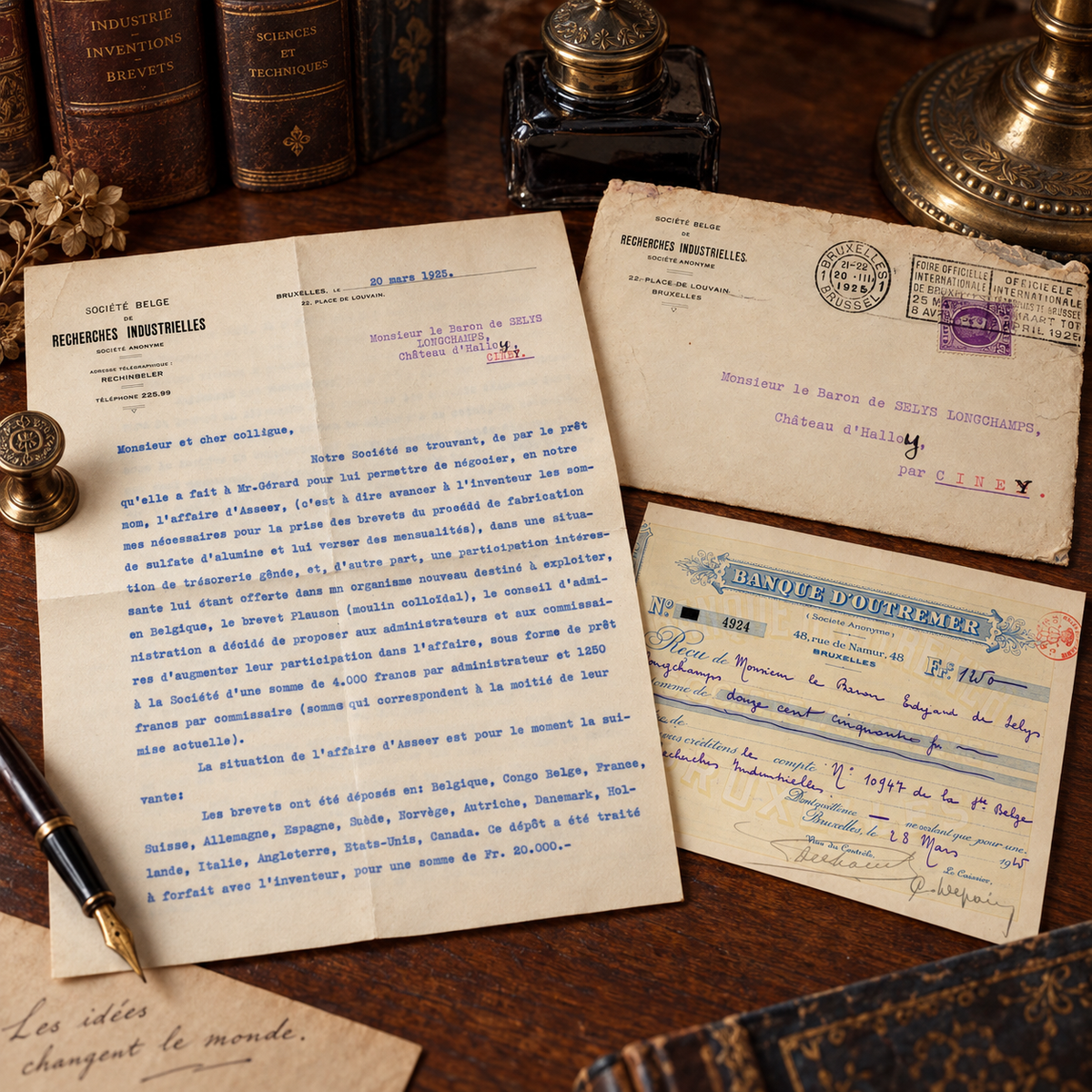 1925 Belgian Industrial Research Letter & Banque d’Outremer Receipt – Selys Longchamps Archive