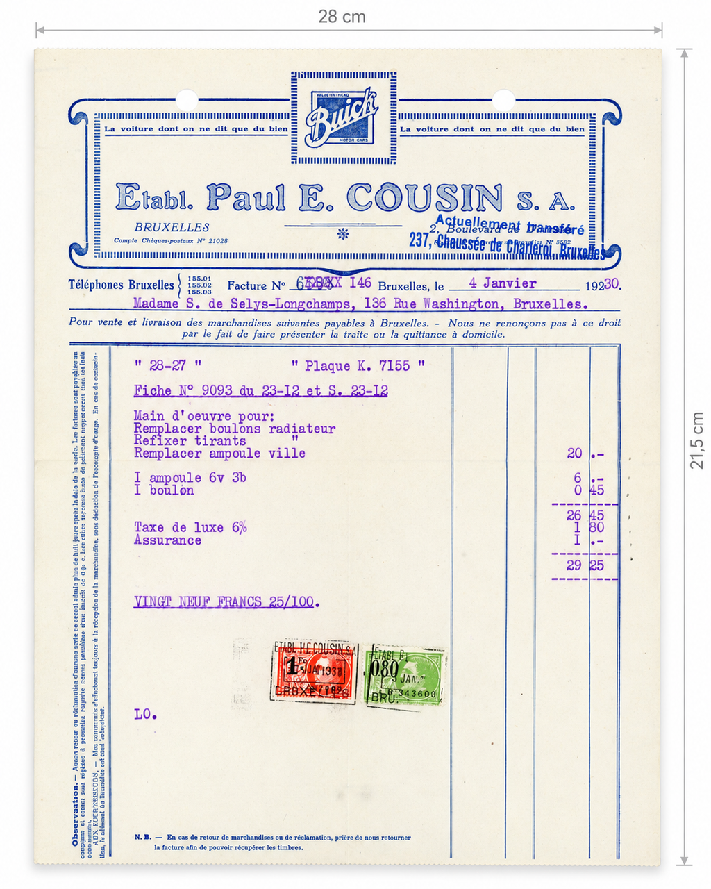 1930 Buick Brussels Invoice & Envelope – Madame de Selys-Longchamps