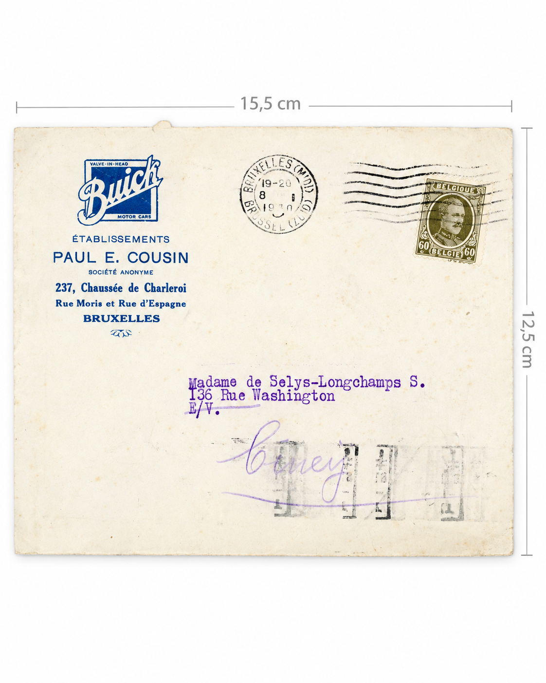 1930 Buick Brussels Invoice & Envelope – Madame de Selys-Longchamps