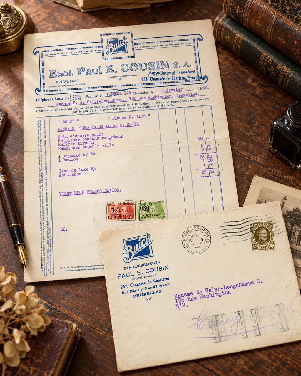 1930 Buick Brussels Invoice & Envelope – Madame de Selys-Longchamps