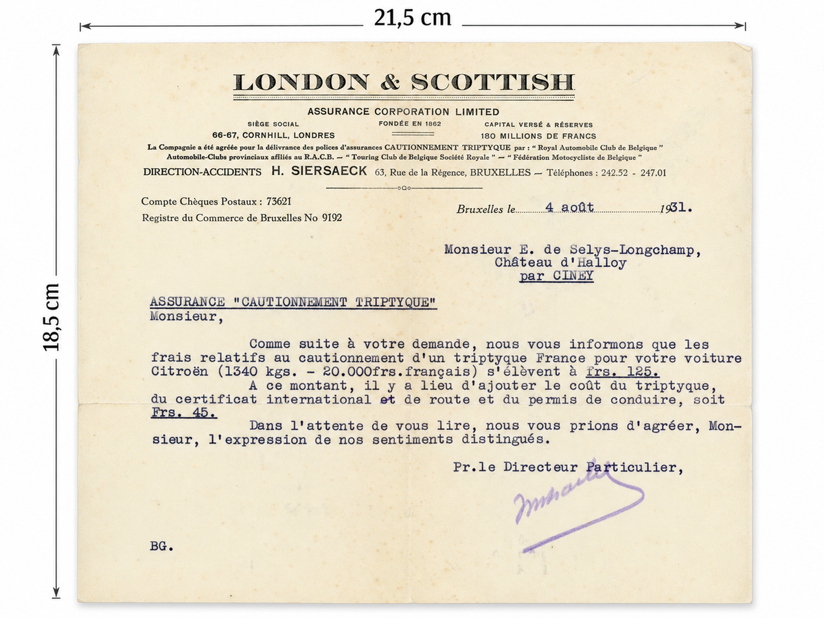 1931 Citroën Automobile Insurance Letter – Selys Longchamps Archive