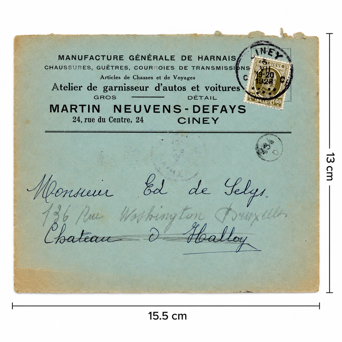 1928 Harness Maker Invoice & Envelope – Selys Longchamps Archive