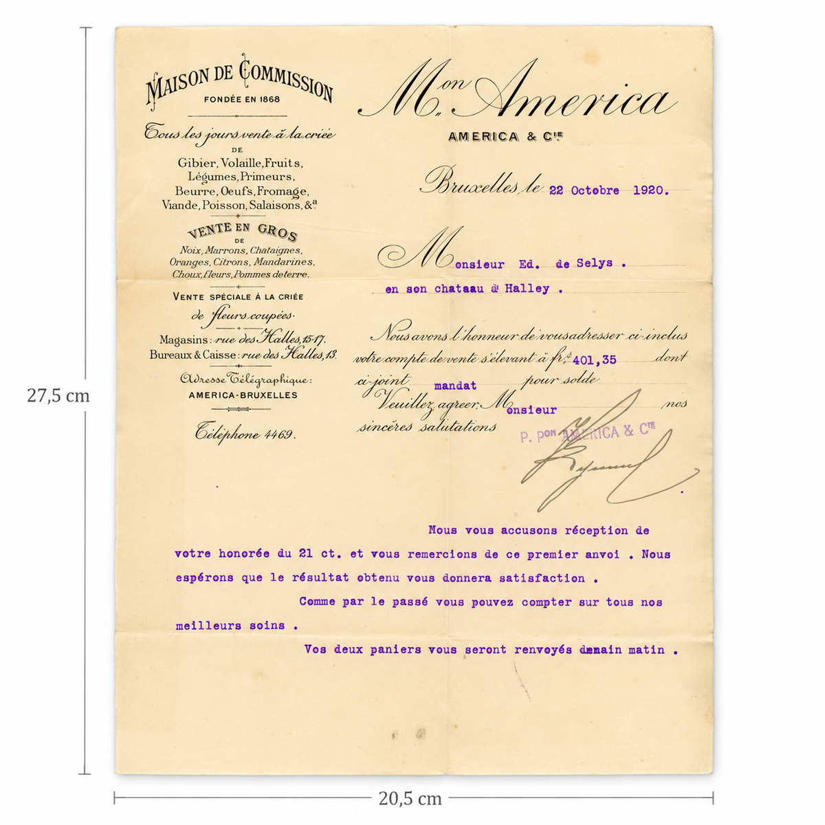 1920 Brussels Game Market Letter & Auction Invoice – Selys Longchamps Archive