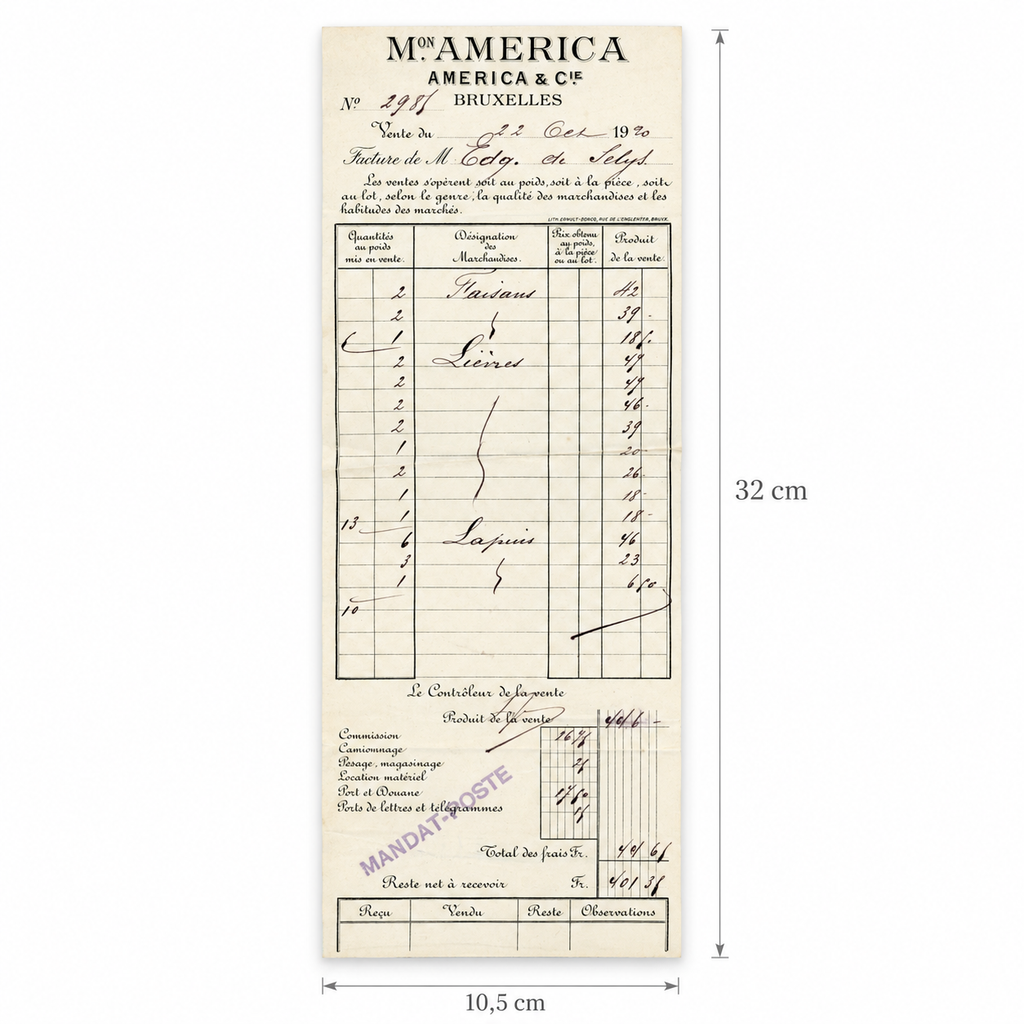 1920 Brussels Game Market Letter & Auction Invoice – Selys Longchamps Archive