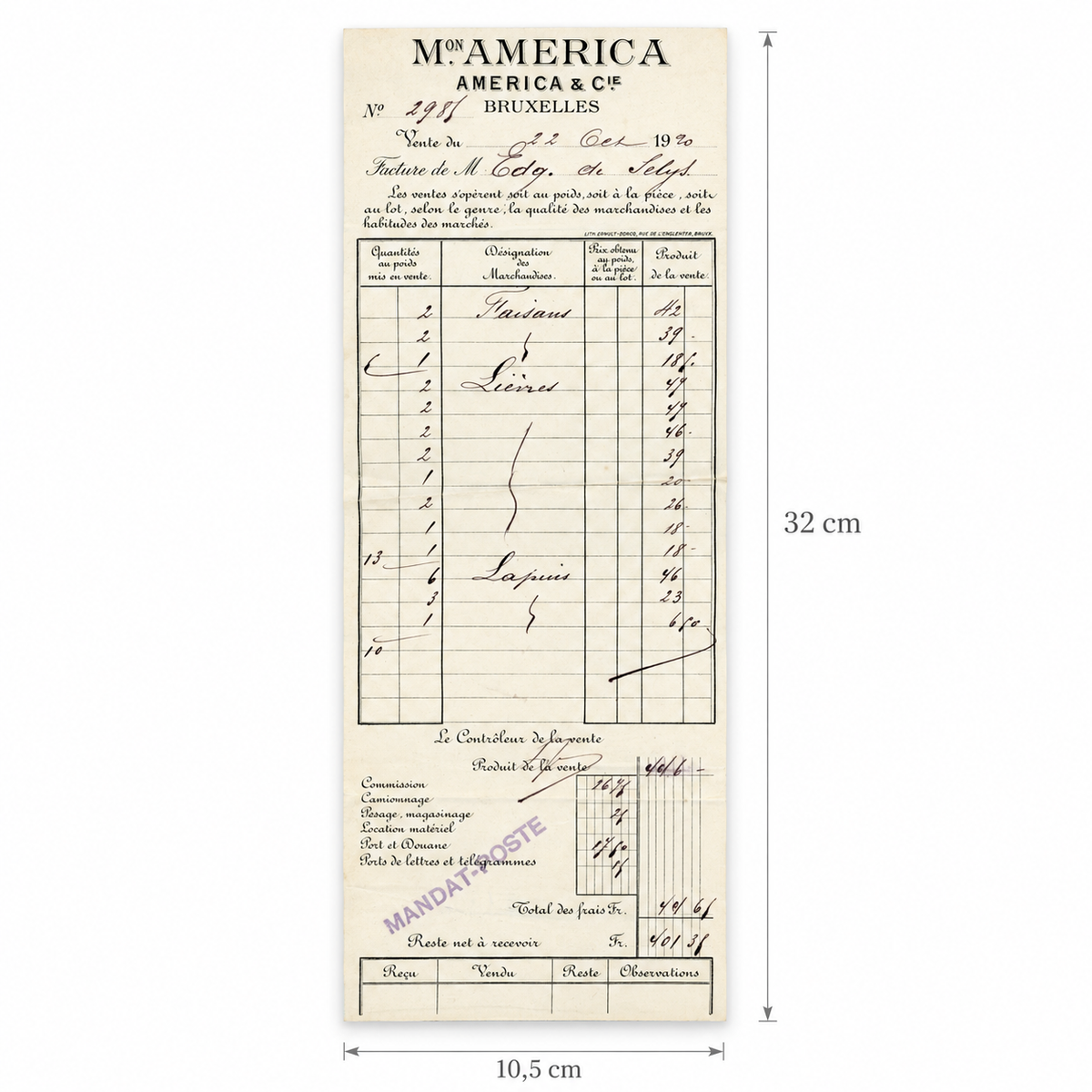 1920 Brussels Game Market Letter & Auction Invoice – Selys Longchamps Archive