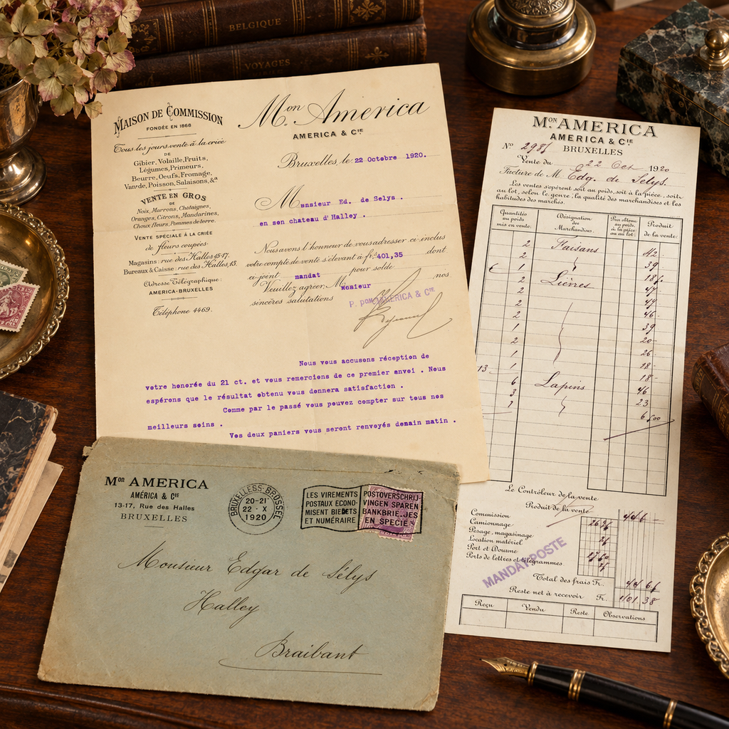 1920 Brussels Game Market Letter & Auction Invoice – Selys Longchamps Archive