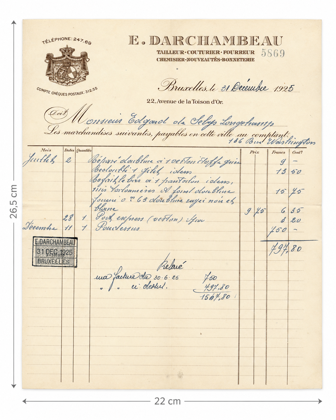 1925 Brussels Tailor & Furrier Invoice – E. Darchambeau – Selys Longchamps Archive