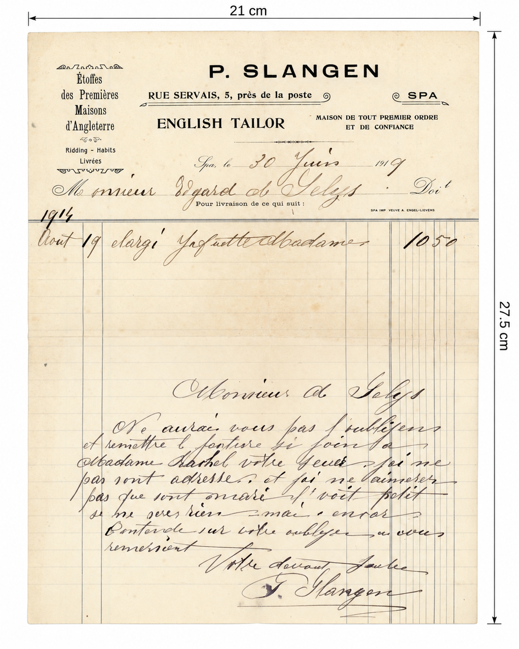 1919 English Tailor Invoice from Spa – P. Slangen – Selys Longchamps Archive