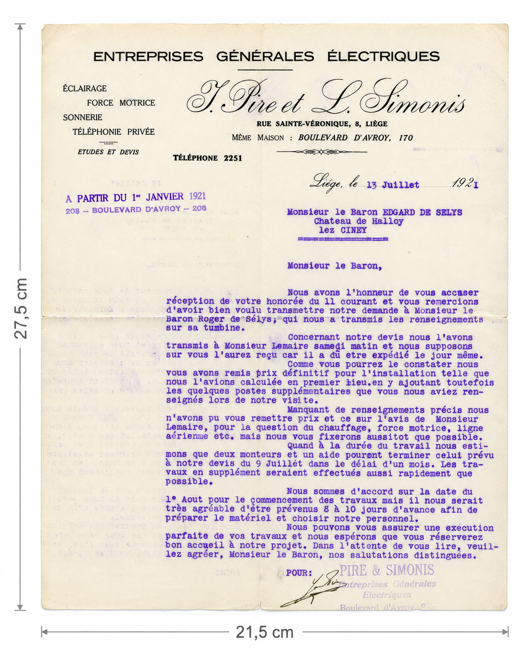 1921 Electrical Installation Letter & Philips Envelope – Selys Longchamps Archive