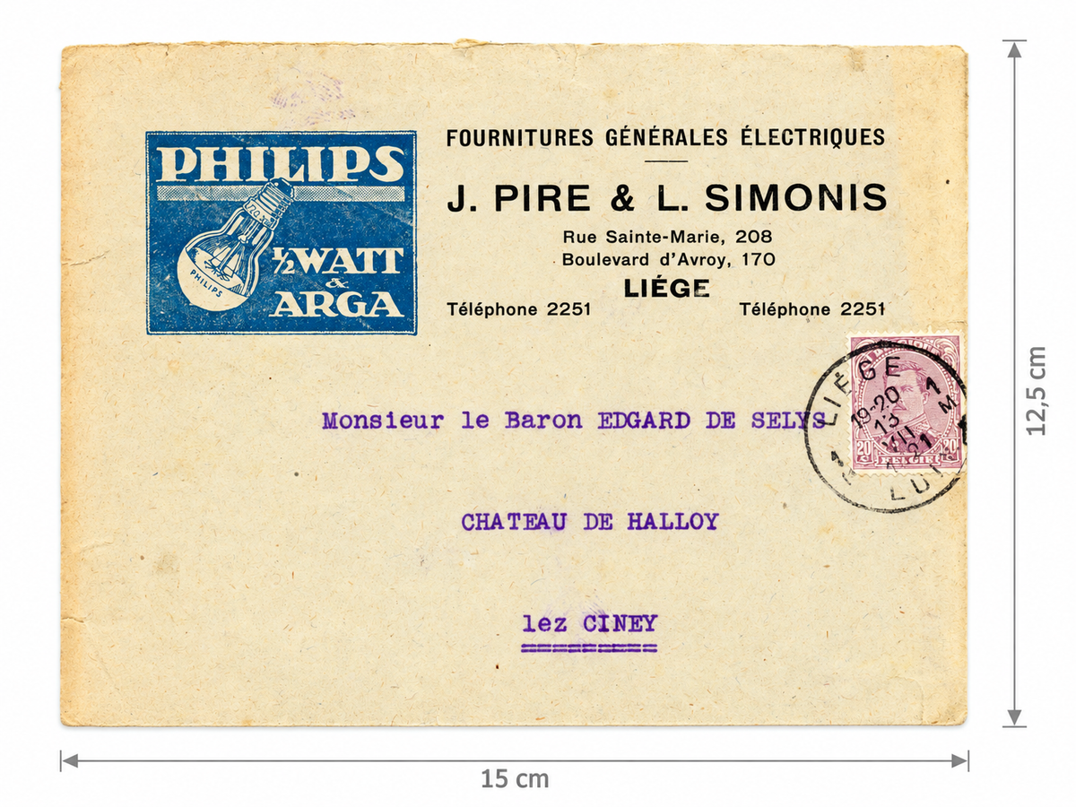 1921 Electrical Installation Letter & Philips Envelope – Selys Longchamps Archive