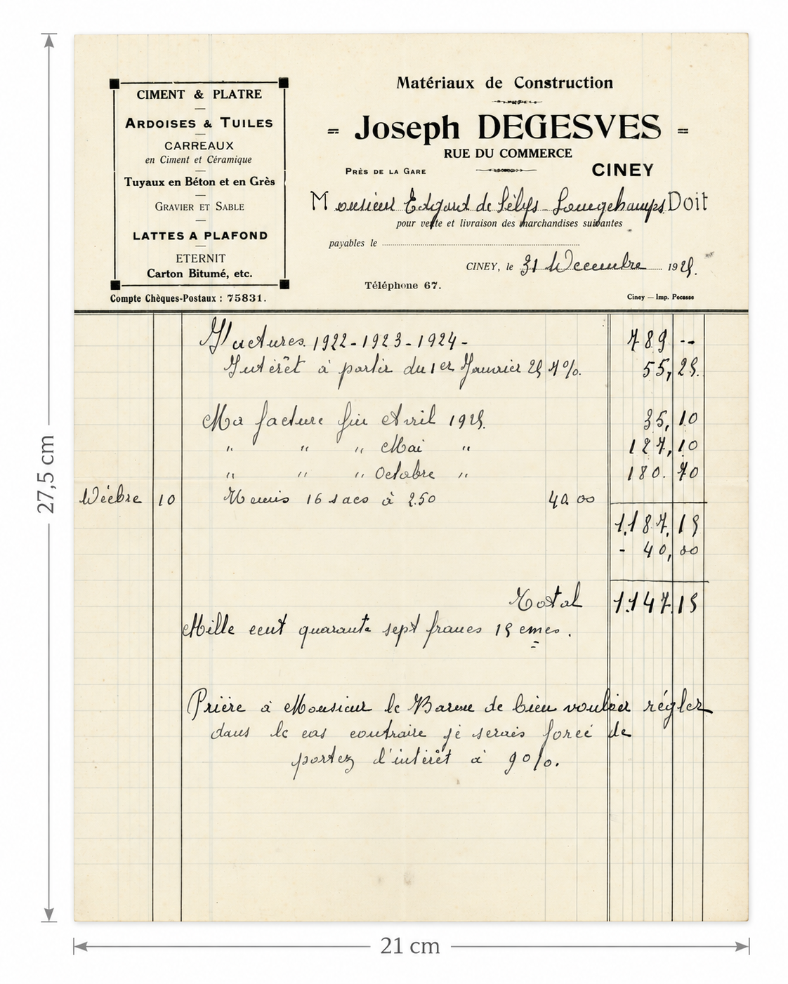 1928 Construction Materials Account – Joseph Degesves Ciney – Selys Longchamps Archive