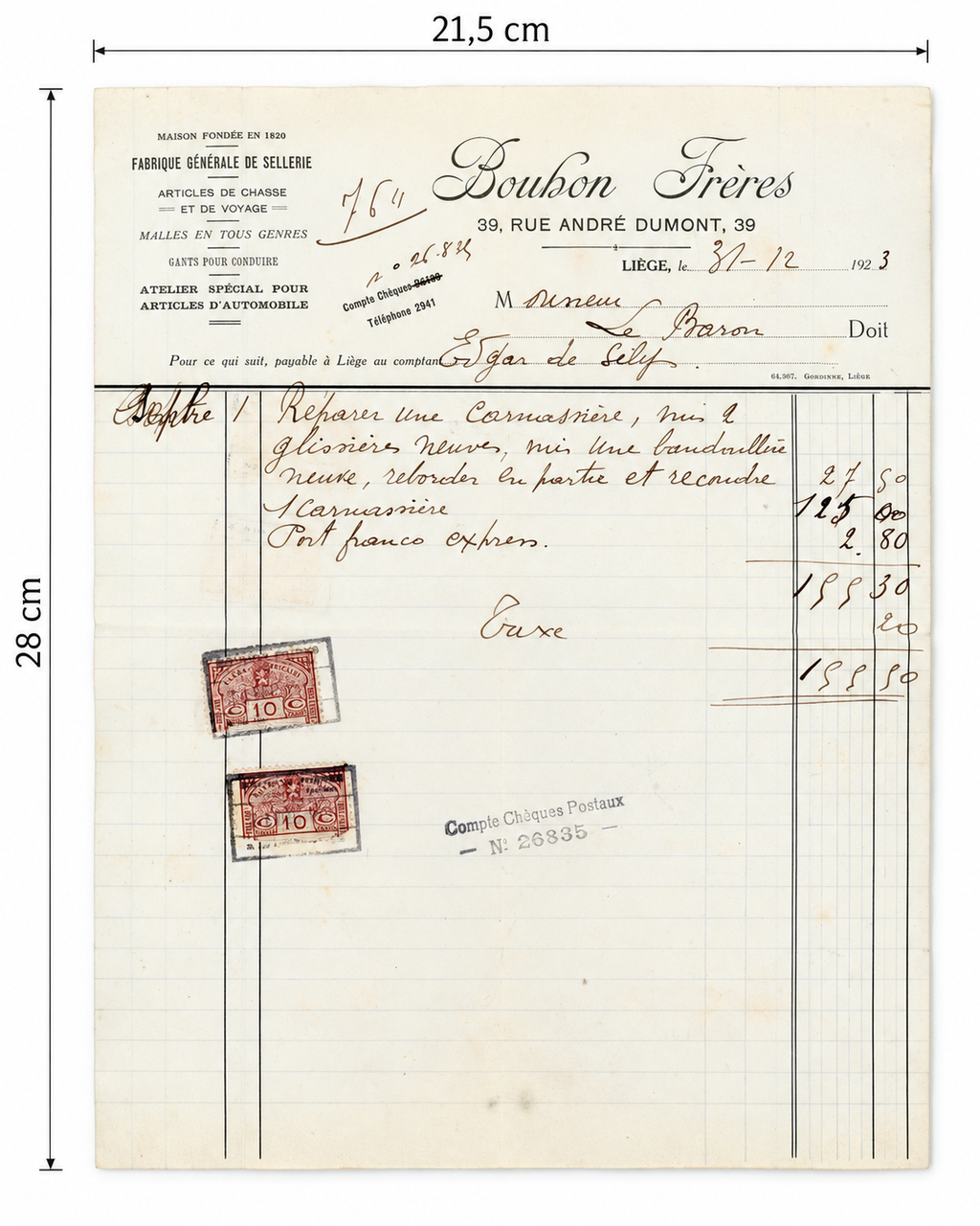 1923 Bouhon Frères Saddlery Invoice – Selys Longchamps Archive