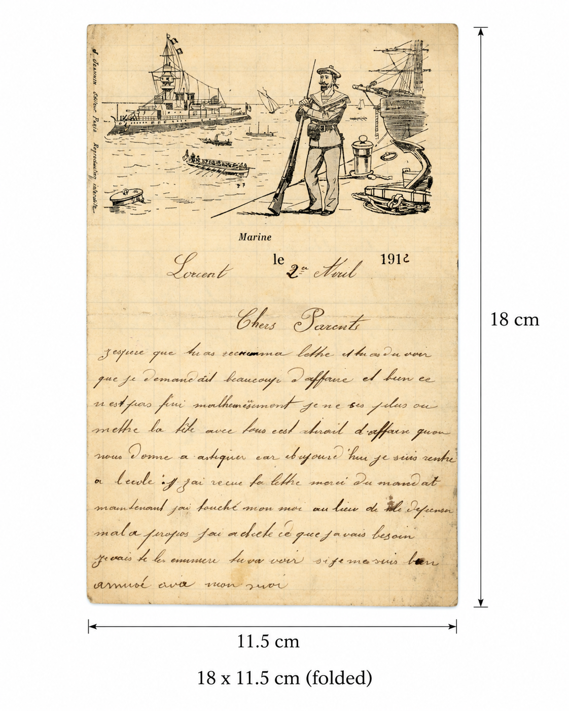 1912 French Naval Letter – Lorient – Illustrated “Marine” Stationery
