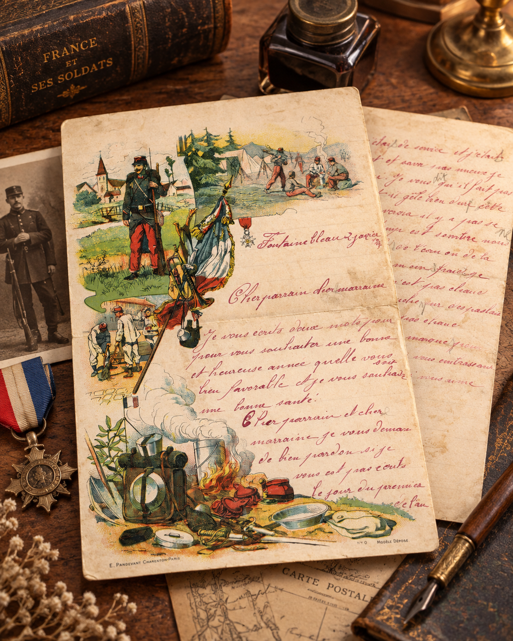 1905 French Soldier Letter – Fontainebleau – Illustrated Military Stationery