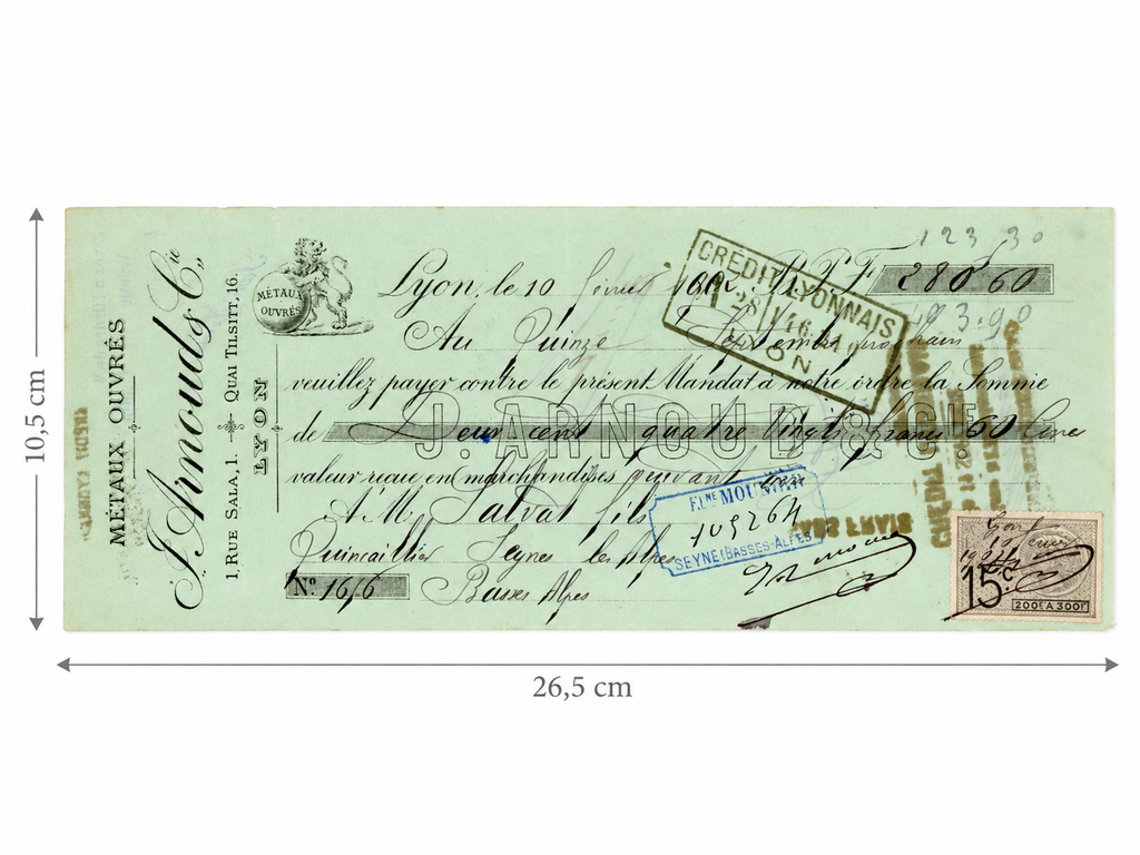 1902 French bill of exchange on pale green paper measuring 26.5 x 10.5 cm