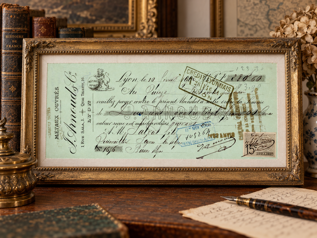 Framed display mockup of a 1902 French bill of exchange by P. Arnaud & Cie in an antique study setting