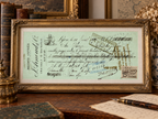 Framed display mockup of a 1902 French bill of exchange by P. Arnaud & Cie in an antique study setting