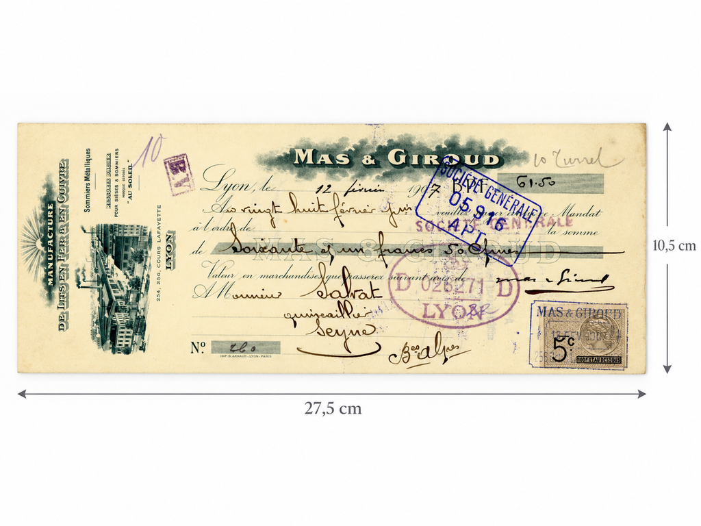 1907 French Mas & Giroud bill of exchange measuring 27.5 x 10.5 cm