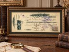 Framed display mockup of a 1907 Mas & Giroud French bill of exchange in an antique study setting