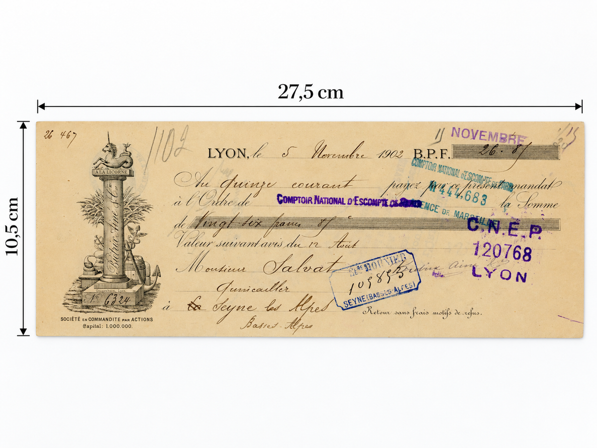 1902 French bill of exchange from Lyon shown with dimensions 27.5 x 10.5 cm