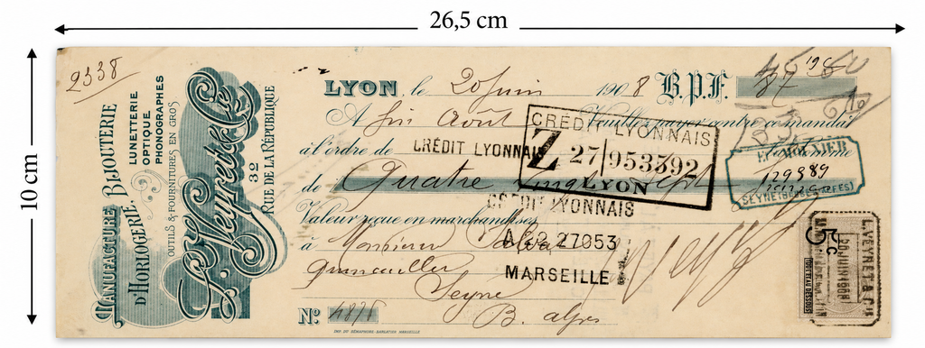 1908 French bill of exchange from Lyon shown with dimensions 26.5 x 10 cm