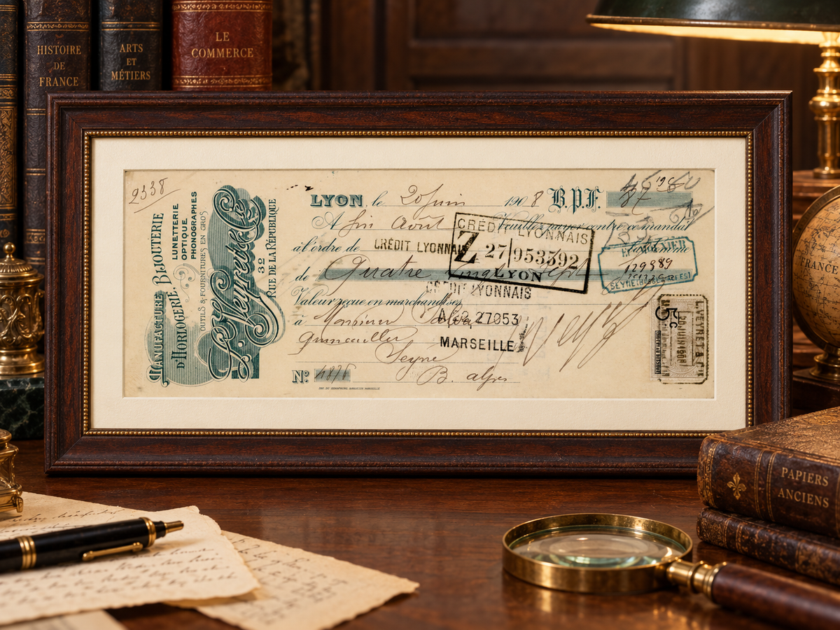 Styled framed mockup of a 1908 L. Veyret & Cie French bill of exchange displayed in an antique study