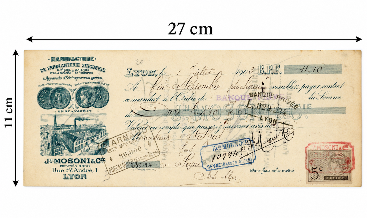 1903 French bill of exchange by J.H. Mosoni & Cie Lyon measuring 27 x 11 cm