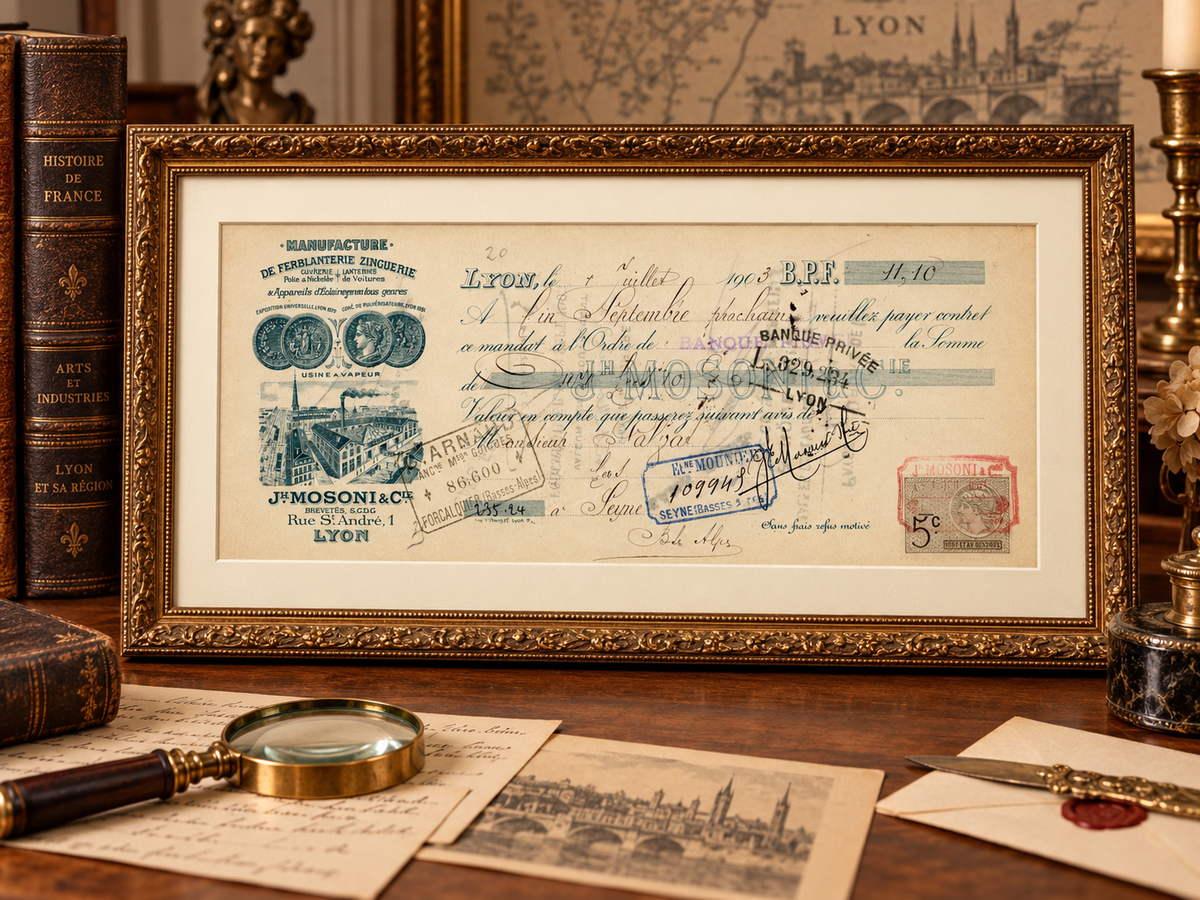 1. 1903 J.H. Mosoni & Cie French bill of exchange displayed in antique-style frame – frame not included