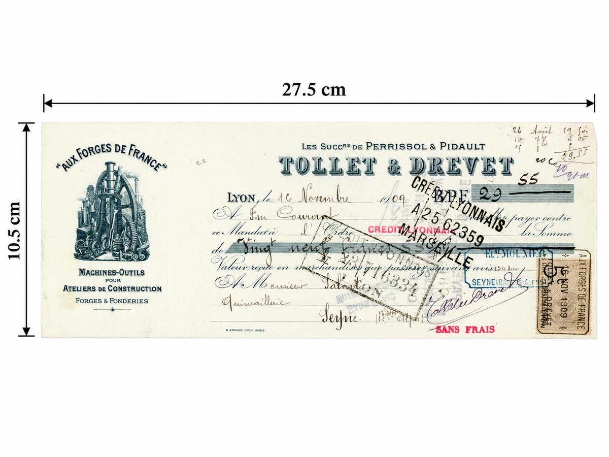Antique French bill of exchange from 1909 measuring 27.5 x 10.5 cm with industrial illustrated letterhead