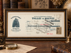 1. Framed display mockup of 1909 Tollet & Drevet French bill of exchange, antique banking and industrial ephemera