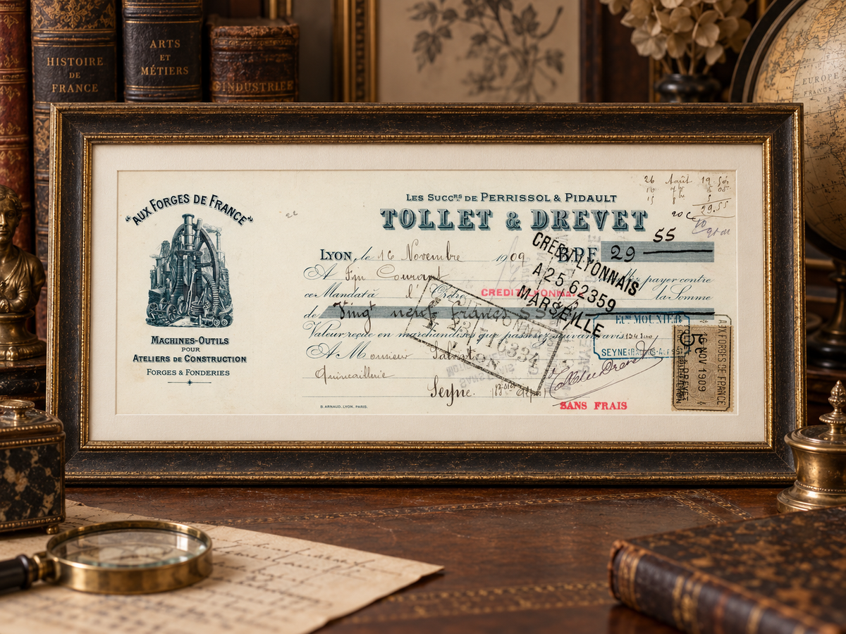 1. Framed display mockup of 1909 Tollet & Drevet French bill of exchange, antique banking and industrial ephemera