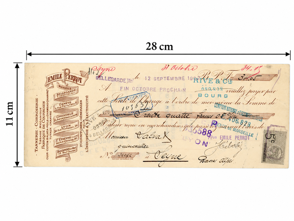 Original 1902 French bill of exchange by Emile Perrot with dimensions 28 x 11 cm