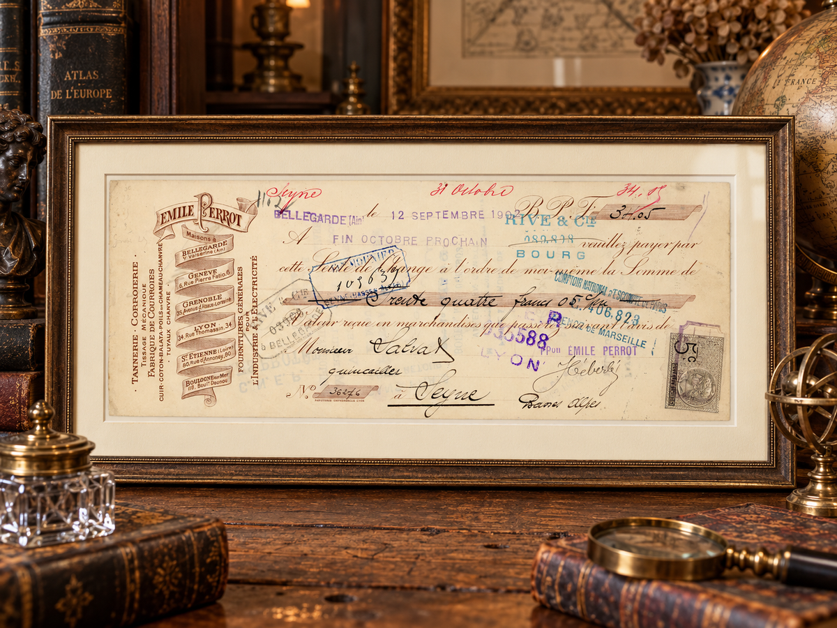 1. Styled mockup of framed 1902 French bill of exchange by Emile Perrot in antique study interior