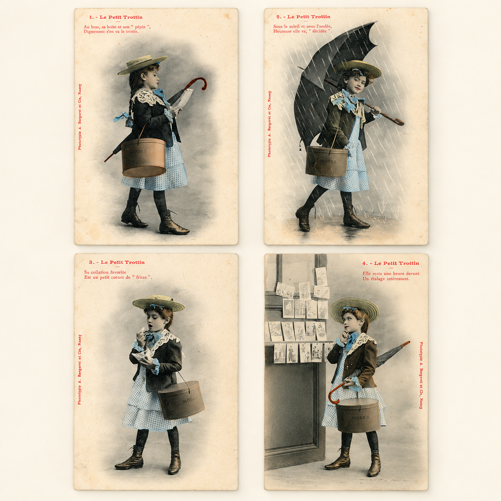 Set of four original A. Bergeret Le Petit Trottin antique French postcards depicting a young Belle Époque fashion messenger, colour-tinted, early 1900s.